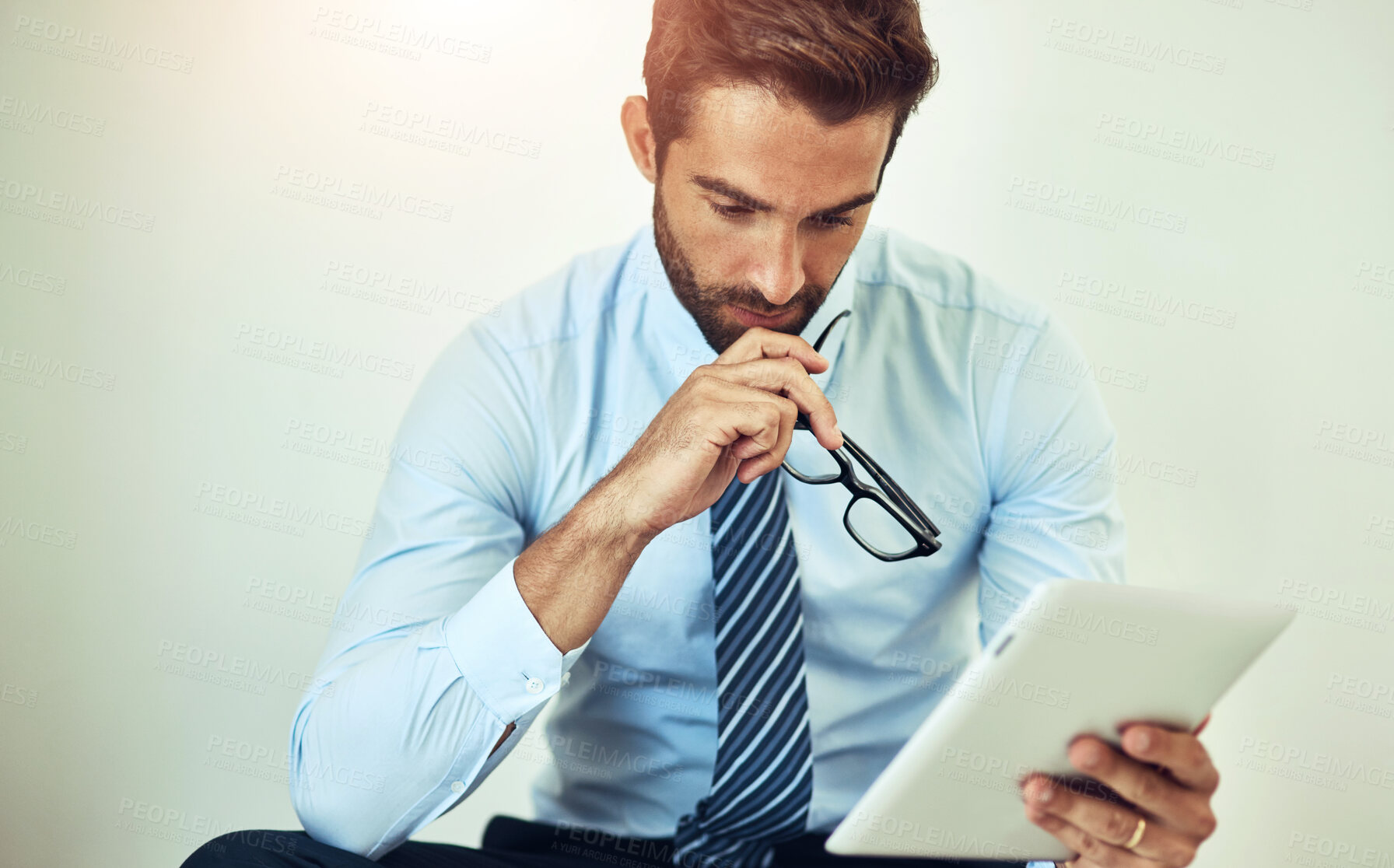 Buy stock photo Businessman, tablet and thinking with digital information, investment and research for company startup. Portfolio manager, planning and decision with stock market, strategy and assets for clients