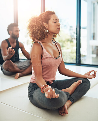 Buy stock photo Class, meditation and yoga with woman on floor of studio for mental health, peace or wellness. Balance, mindfulness and pilates with mindful person breathing for awareness, calm or holistic healing