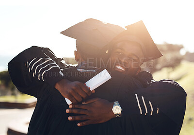 Buy stock photo Graduation, hug and students with diploma from college for success, celebration and support in education. Certificate, happy and black men friends after achievement at graduate event at university