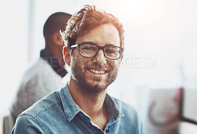 Buy stock photo Startup, portrait and man in office with glasses, happiness and about us. Small business, happy male leader and smile in workplace for career goals, success and professionalism in designer company