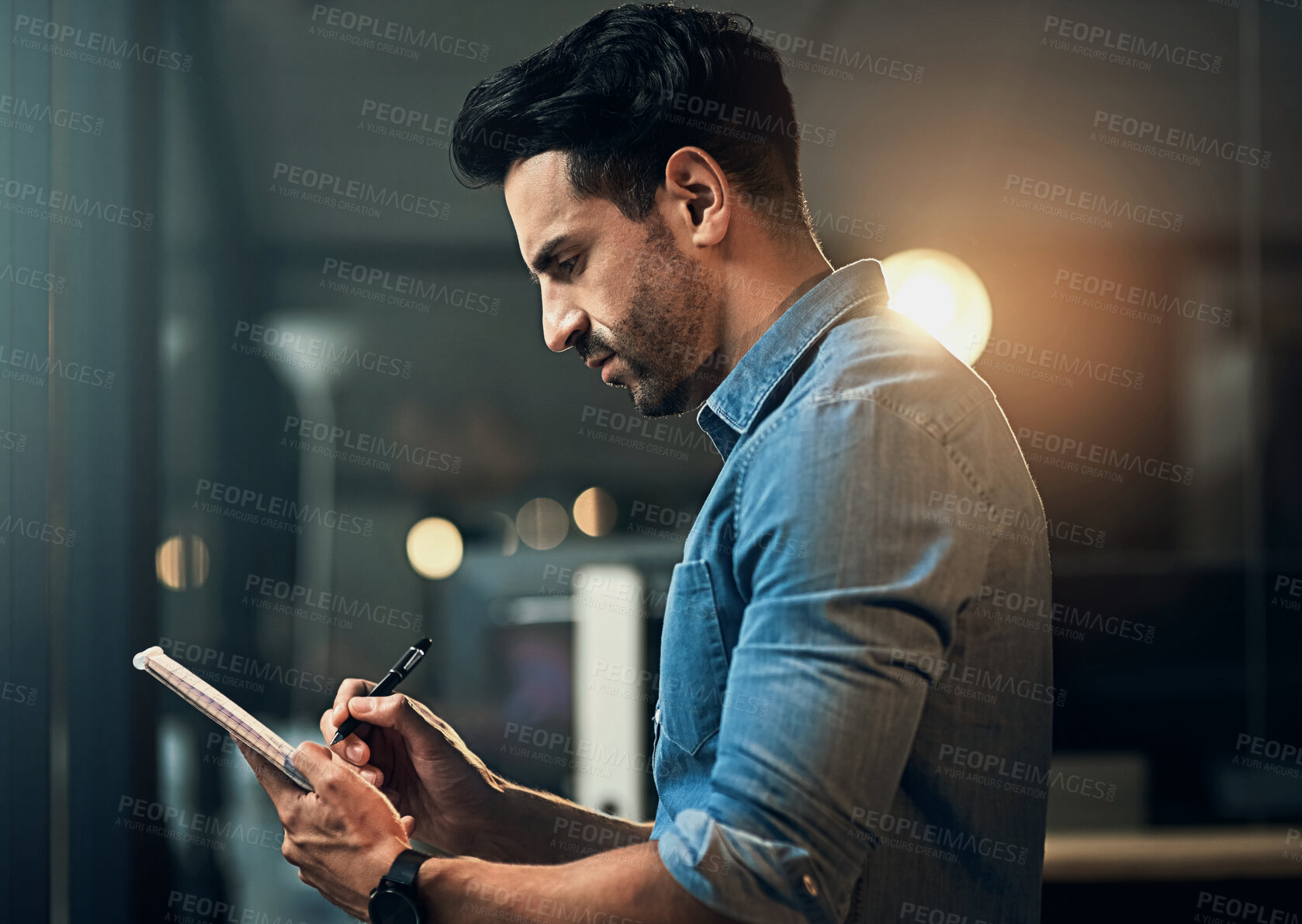 Buy stock photo Business, night and man with notebook, writing and thinking with planning for project, feedback and research. Evening, editor and journalist with pen, administration and review with ideas or solution