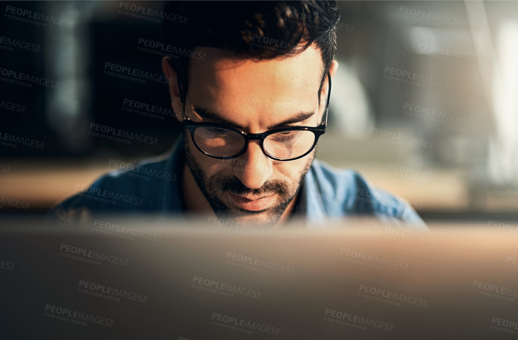 Buy stock photo Business, night and man with computer, thinking and online reading for email, research for project and news reporter. Evening, editor or journalist with pc, problem solving and solution with internet