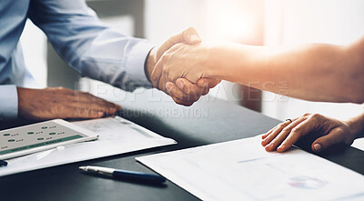 Buy stock photo Business people, handshake and meeting in agreement with contract, greeting and partnership. Thank you, collaboration and document, support for B2B and introduction and deal for recruitment at work