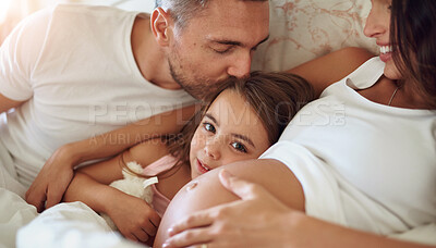 Buy stock photo Pregnancy, child and happy family on bed with love, support and daughter in portrait. Girl, parents and kiss in bedroom for growth, safety and security at home with happiness, affection and mother