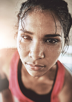 Buy stock photo Girl, portrait and sweat on face for fitness, workout routine and dedication for exercise or health. Woman, serious and determined with intense for training or cardio, wellness and female athlete.