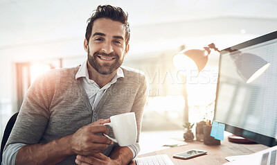 Buy stock photo Remote work, businessman and coffee at desk for portrait, financial advice and computer in home office. Male professional, technology and happy at table for review, information or finances in evening