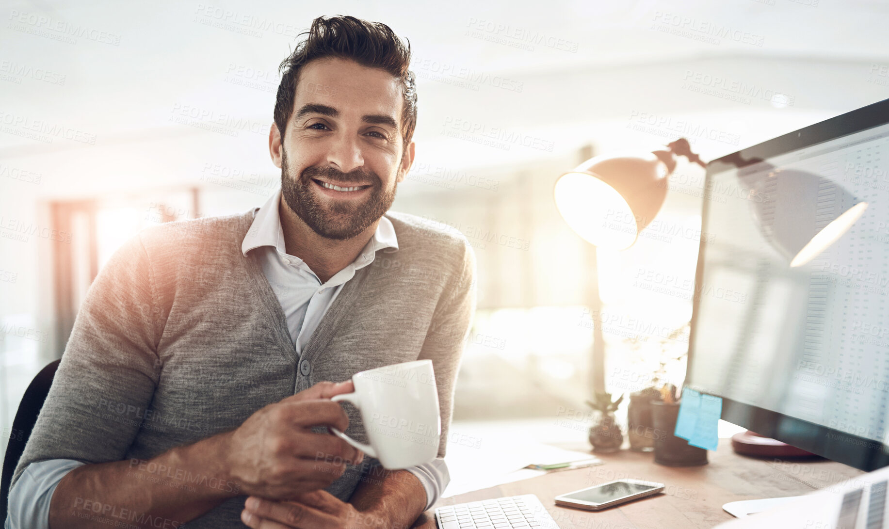 Buy stock photo Remote work, businessman and coffee at desk for portrait, financial advice and computer in home office. Male professional, technology and happy at table for review, information or finances in evening