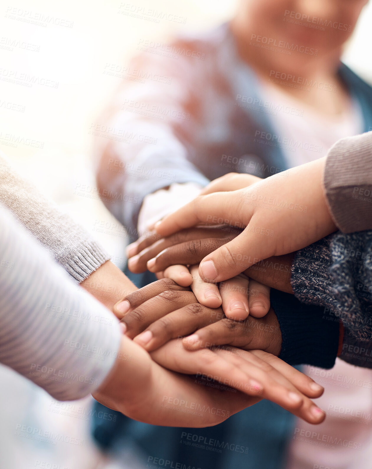 Buy stock photo Stack of hands, education and children with team, collaboration and unity at school. Diversity, kids and students with connection, cooperation and youth for learning with development at campus.