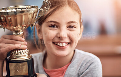 Buy stock photo Girl, smile and portrait with trophy at school for achievement, success and victory in competition. Happy, student and winner with award in class for and education, prize and champion in learning