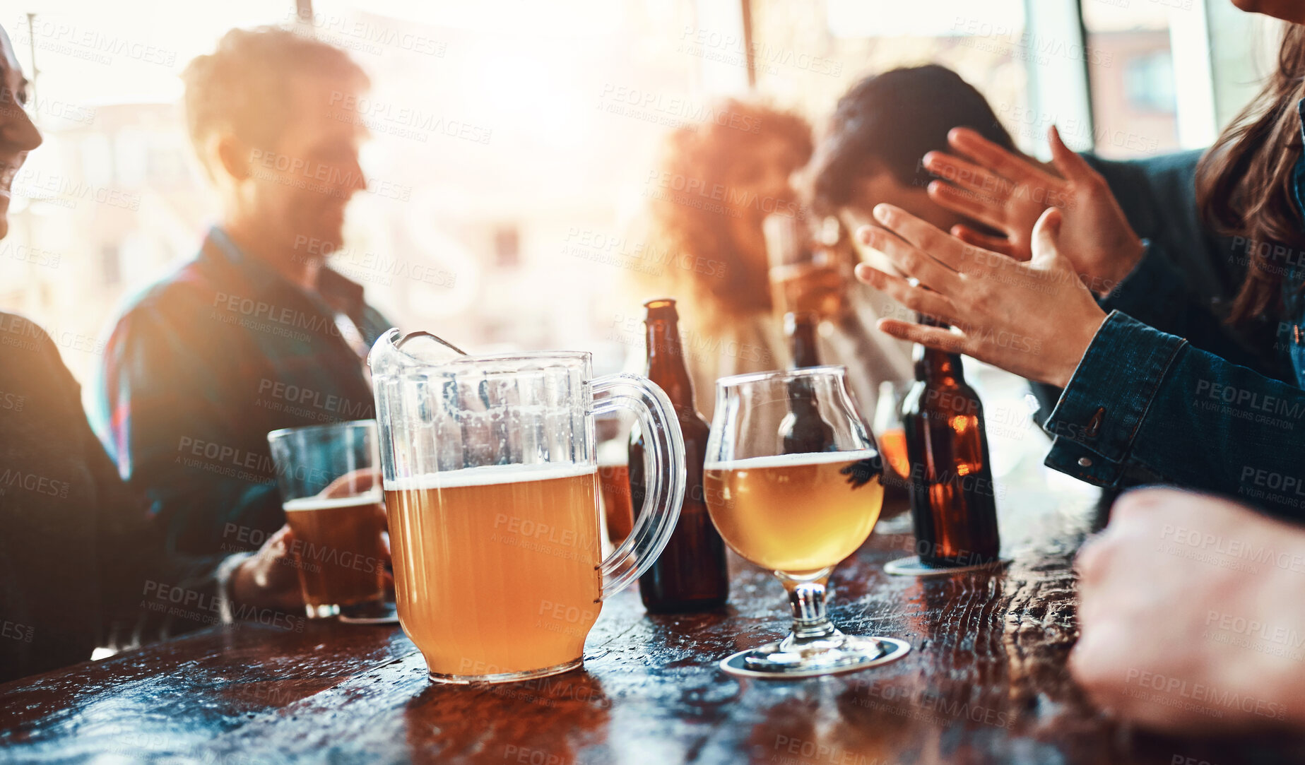 Buy stock photo Bar, beer and party with group of friends drinking alcohol together for celebration or social gathering. Counter, pub or restaurant and people with beverage in glass for chill, hang out or relax