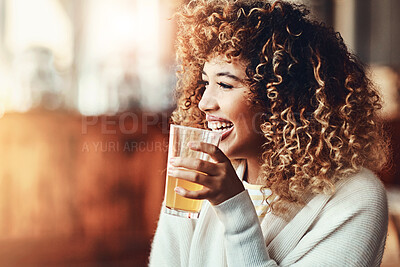 Buy stock photo Bar, laughing and woman with alcohol to enjoy, break and fun in weekend, bokeh and glass with drink. Happy hour, celebration and person with cocktail, relax and girl with joy in club for New Year