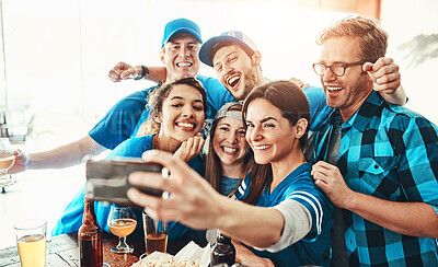 Buy stock photo Sports, celebration and friends in pub with selfie for support of team, country and winning or success. Group of people in profile picture at restaurant with beer, drinks and alcohol for USA baseball