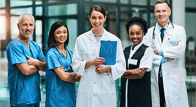 Buy stock photo Smile, portrait and hospital doctors, people and diverse team for healthcare, services or medical collaboration. Medicine, health professional and clinic for group, solidarity and nurses for medicare