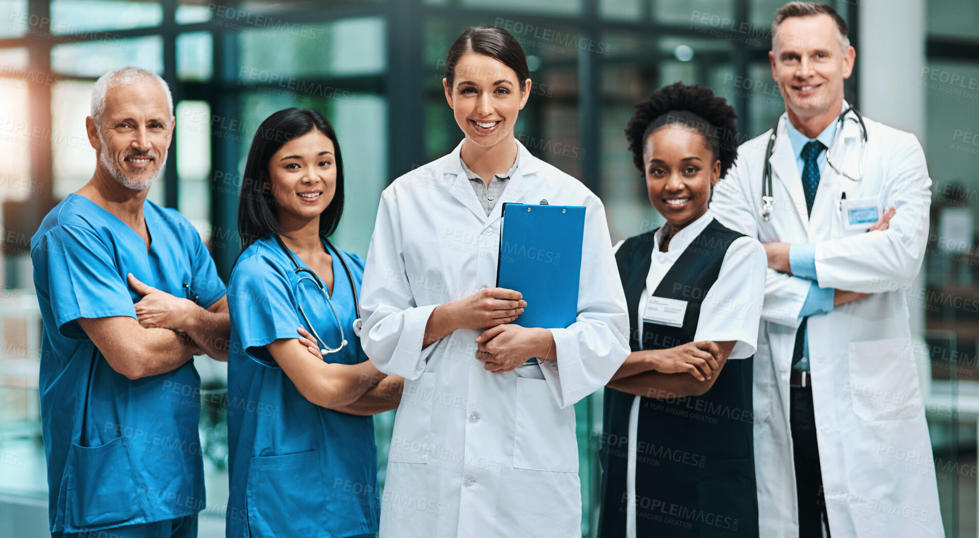 Buy stock photo Smile, portrait and hospital doctors, people and diverse team for healthcare, services or medical collaboration. Medicine, health professional and clinic for group, solidarity and nurses for medicare