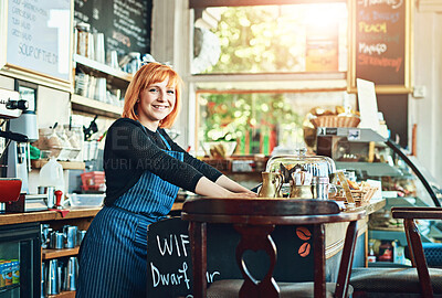 Buy stock photo Portrait, woman and cafe as waitress in small business with happiness in restaurant or coffee shop. Female person, cafeteria and bistro for food service as entrepreneur in startup in New York City