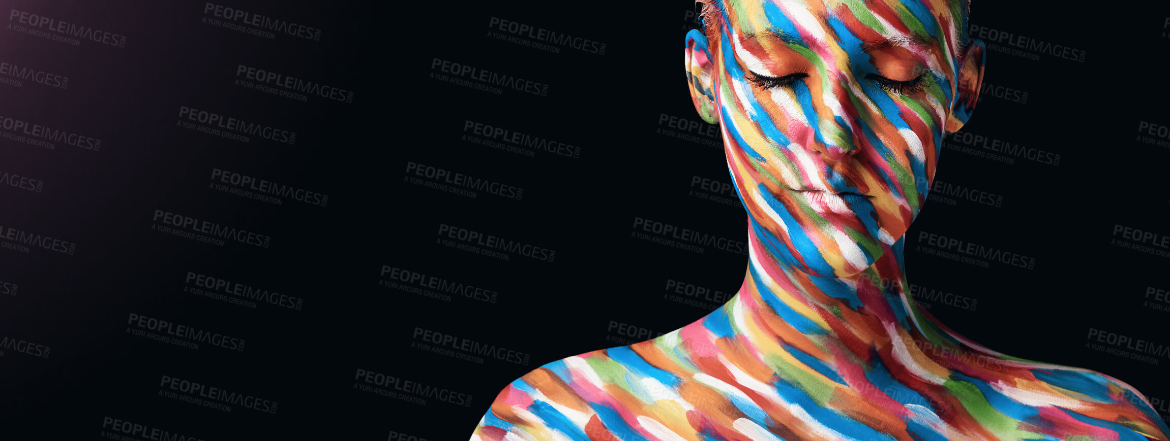 Buy stock photo Black background, color and girl with paint in studio, face aesthetic and creativity with calm. Mockup, female model and facial rainbow as inspiration, artistic expression and cosplay of character