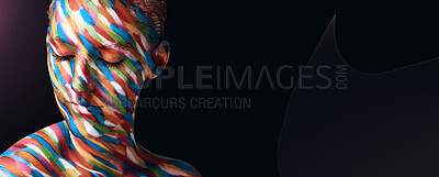 Buy stock photo Black background, color and woman with paint in studio, face aesthetic and creativity with calm. Mockup, female model and facial rainbow as inspiration, artistic expression and cosplay of character