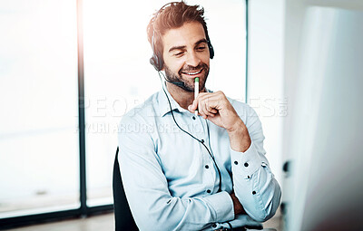 Buy stock photo Man, phone call and customer service at help desk for contact, communication and telemarketing in callcenter. Male consultant, headset and thinking in office for support, crm and virtual assistant