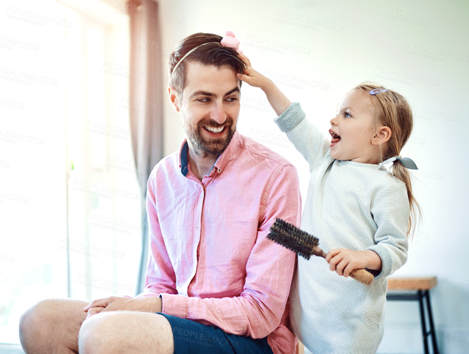 Buy stock photo Bedroom, brushing hair and father with daughter in home together for bonding, fun or game. Happy, love or smile with single parent man and girl child in apartment for excitement or fantasy play