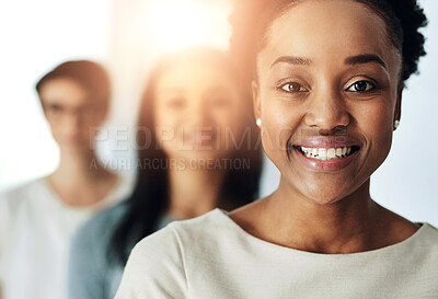 Buy stock photo Portrait, woman and leader with smile in row at office on teamwork, collaboration and diversity. People, employee and boss or team manager with happiness or confident for startup and small business 