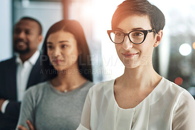 Buy stock photo Face, future and vision with business woman in corporate workplace for ambition or professional career. Glasses, planning and idea with employee in suit at workplace for inspiration or opportunity