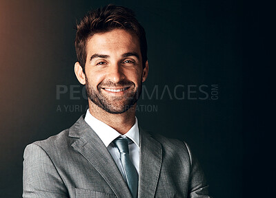 Buy stock photo Business, man and happy in studio with portrait of corporate professional, employee and manager of finance company. Businessman, isolated and black background for power or elegance and mock up space.