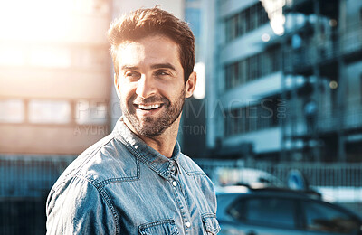 Buy stock photo Thinking, fashion and man in city, happiness and sunshine with urban town, casual outfit and cheerful. Summer, person and guy in New York, stylish clothes or buildings with smile, idea and streetwear