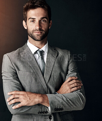 Buy stock photo Business, man and arms crossed in studio with portrait of corporate professional, employee and manager of finance company. Businessman, isolated and black background for power or elegance and serious