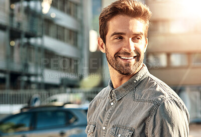 Buy stock photo Thinking, fashion and man in city, smile and sunshine with urban town, wonder and cheerful. Gen z, person and happy guy in New York, stylish clothes and casual outfit with peace, calm and streetwear