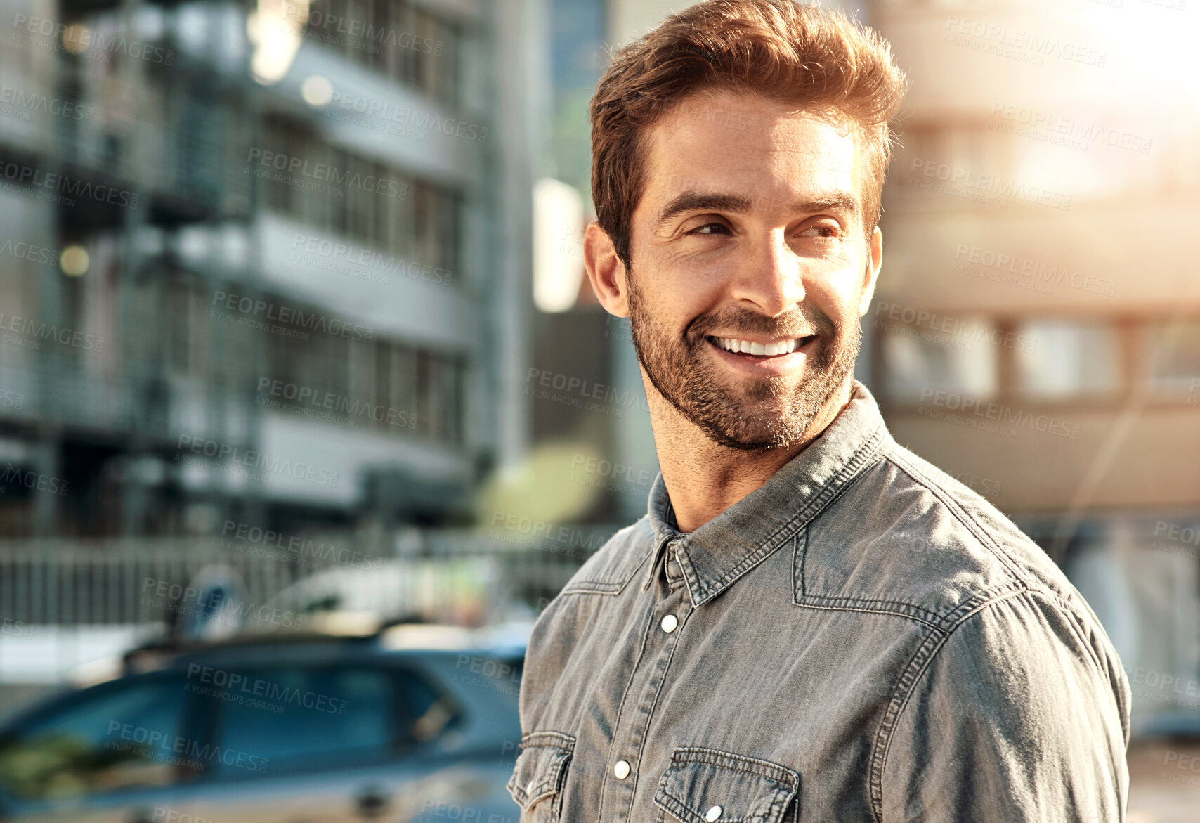 Buy stock photo Thinking, fashion and man in city, smile and sunshine with urban town, wonder and cheerful. Gen z, person and happy guy in New York, stylish clothes and casual outfit with peace, calm and streetwear