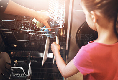 Buy stock photo Dishwasher, hands of mother and child in kitchen with plates for bacteria, hygiene or housework. Lens flare, parent and young kid for learning, teaching chores or help with washing tableware in home