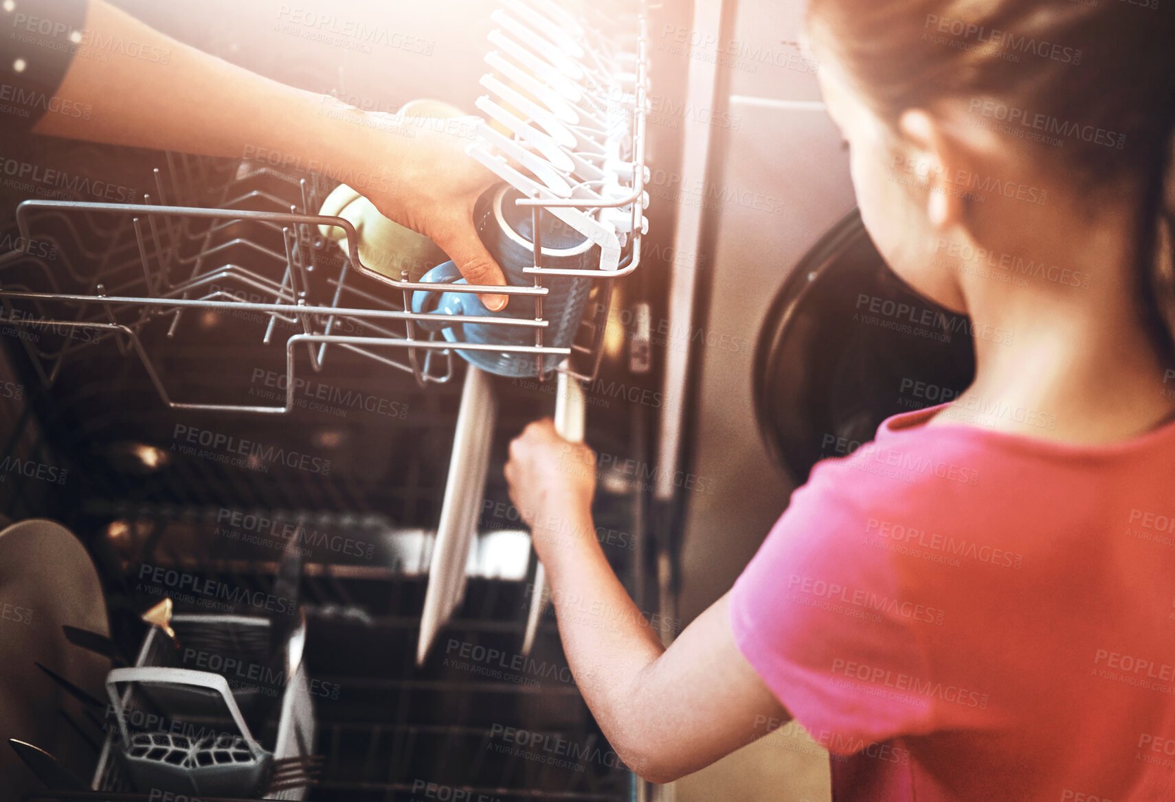 Buy stock photo Dishwasher, hands of mother and child in kitchen with plates for bacteria, hygiene or housework. Lens flare, parent and young kid for learning, teaching chores or help with washing tableware in home