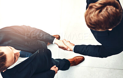 Buy stock photo Above, handshake and businessmen B2B welcome together for meeting in corridor with partnership and collaboration. Professional, deal and corporate team of employees in an office shaking hands