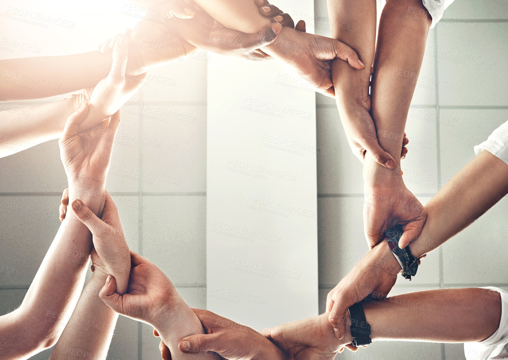 Buy stock photo Business people, hands and circle for teamwork, cooperation and collaboration for project. Closeup, group and diversity with success, community and trust with partnership, support and motivation