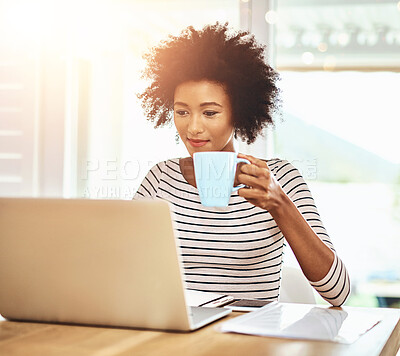 Buy stock photo Woman, laptop and coffee with remote work from home with reading, documentation and copywriting job in morning. African writer, person and computer with tea cup for editing, planning and creativity