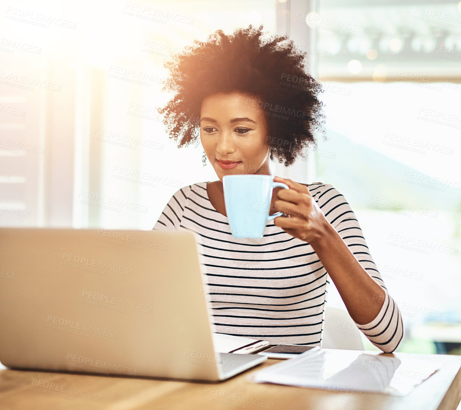 Buy stock photo Woman, laptop and coffee with remote work from home with reading, documentation and copywriting job in morning. African writer, person and computer with tea cup for editing, planning and creativity