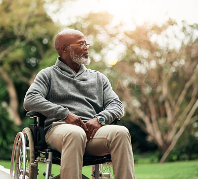 Buy stock photo Thinking, nature and senior man in wheelchair with memory, remember or reflection in outdoor park. Planning, dreaming and elderly African male person with disability in retirement in garden or field.