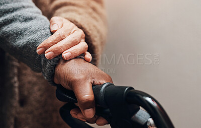 Buy stock photo Senior couple and hands for disability support, empathy for pensioner with parkinson disease or arthritis. Zoom, people and together for assistance in house, fingers on walker for life insurance