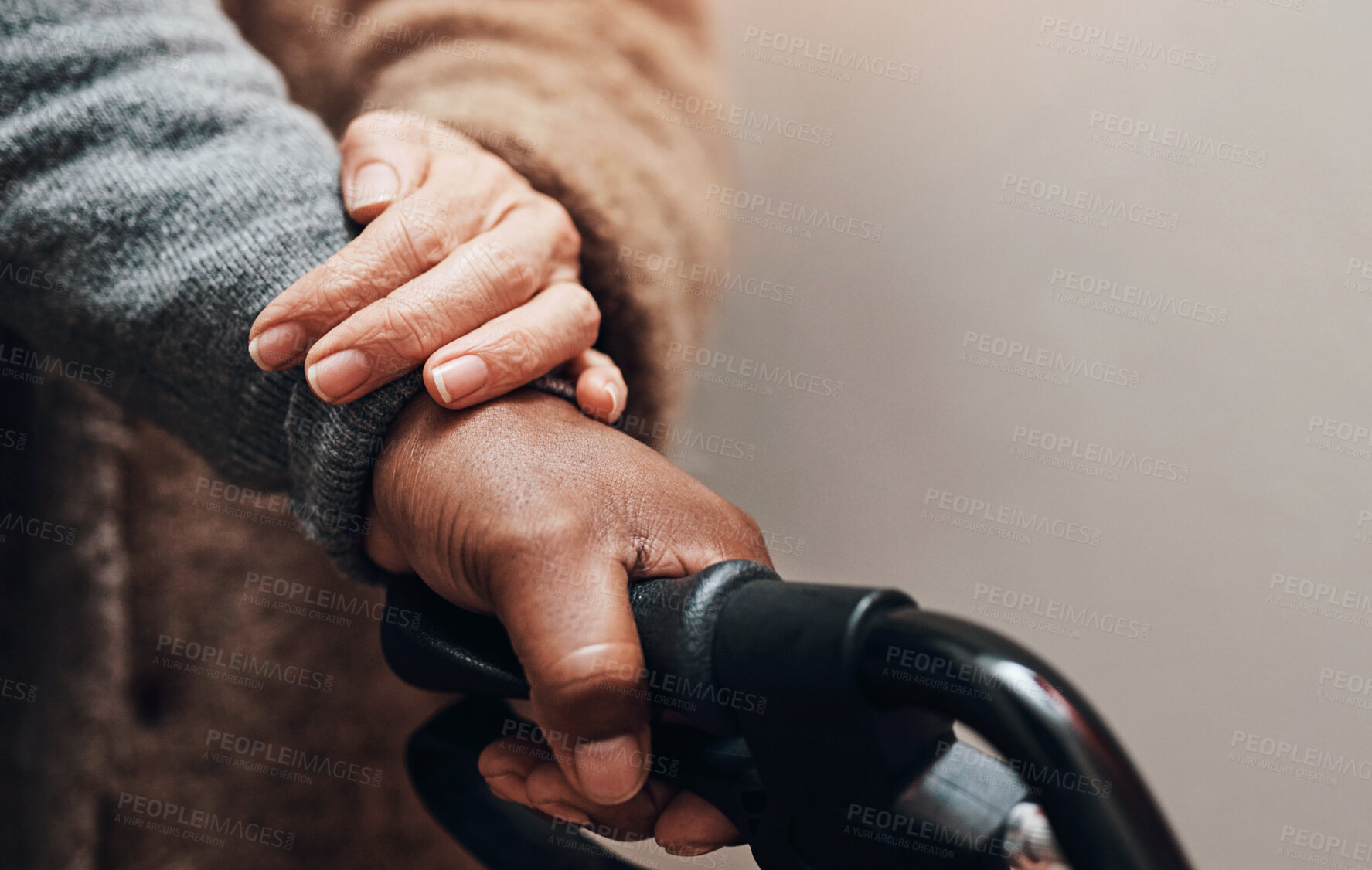 Buy stock photo Senior couple and hands for disability support, empathy for pensioner with parkinson disease or arthritis. Zoom, people and together for assistance in house, fingers on walker for life insurance