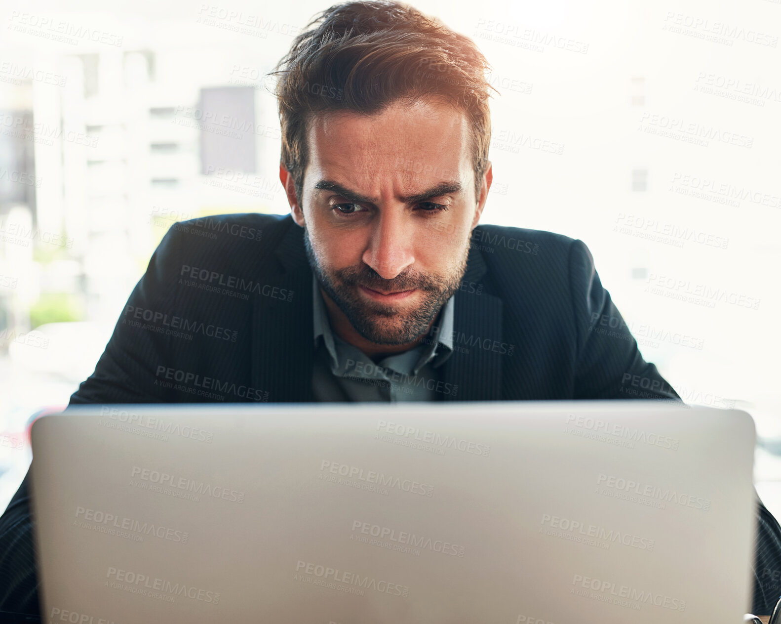 Buy stock photo Businessman, thinking and laptop in office for research, tax management and working. Corporate accountant, computer and search with problem solving, online project or schedule administration at desk