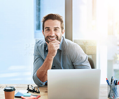 Buy stock photo Business man, portrait and laptop in office for smile, startup management and working. Creative copywriter, computer and happy with schedule planning, online project and confidence at desk