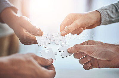 Buy stock photo People, hands and puzzle together for partnership, problem solving and collaboration on company project. Group, diversity and community for solidarity or unity with teamwork, synergy and work support