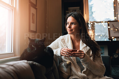 Buy stock photo Cat, relax and woman with coffee on sofa for morning, self care and peace on weekend at home. House, pet and female person with warm caffeine beverage for wonder, satisfaction and thinking of idea