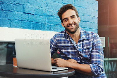 Buy stock photo Man, laptop and portrait in cafe for remote work with smile for coffee to start morning with copywriting. Person, writer or editor with computer, happy and freelance job on web at restaurant in Italy