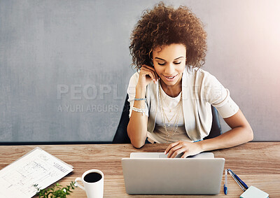 Buy stock photo Laptop, business and woman with smile in office for research, information or ideas of company social media website. Creative, copywriter and digital for online campaign, planning and publish review