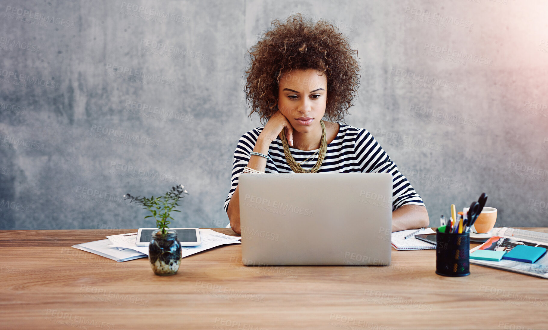 Buy stock photo Startup, woman and laptop at table for research, schedule and planning in office. Female designer, computer and reading in internet for thinking, information and communication for small business