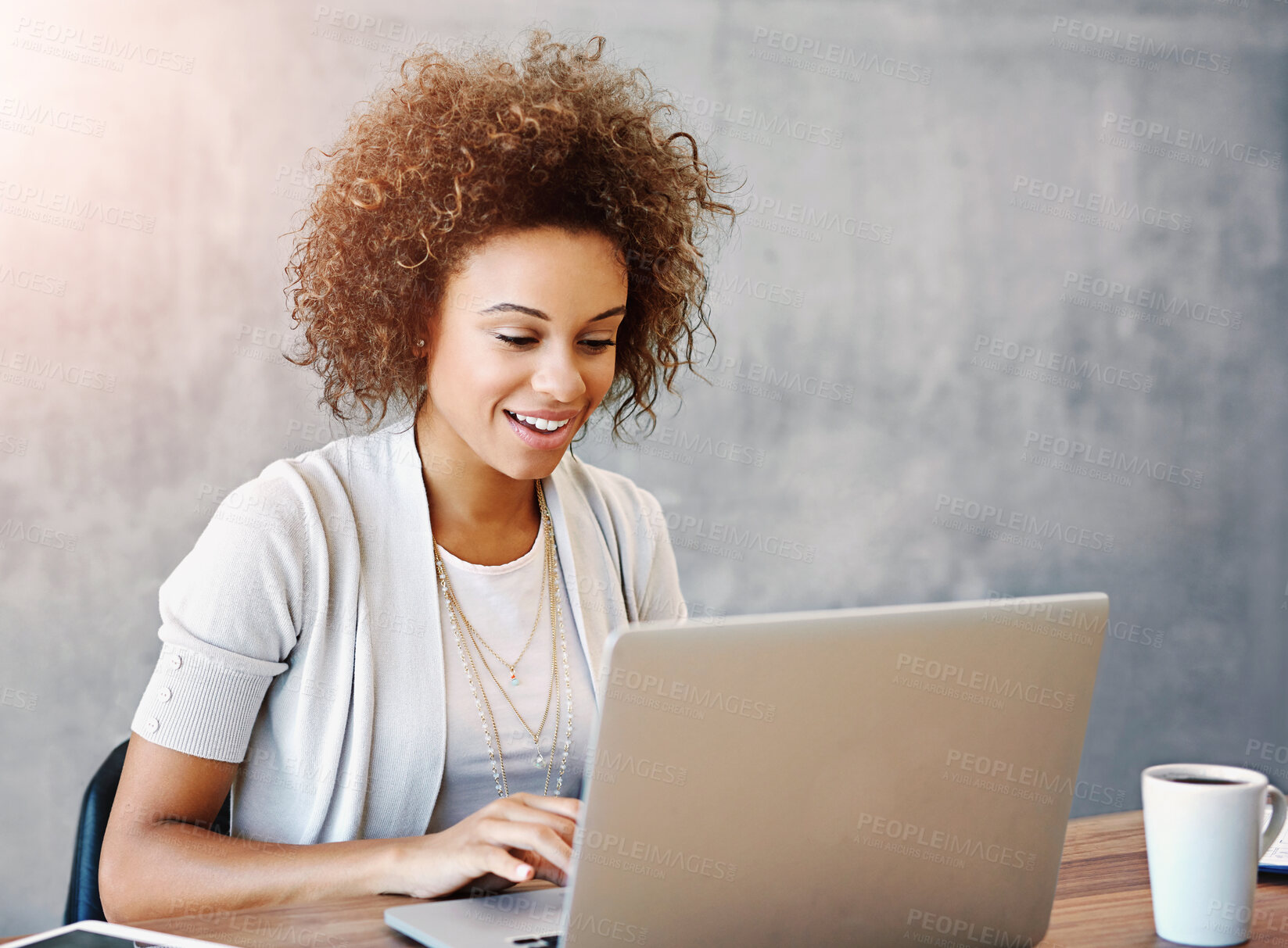 Buy stock photo Laptop, research and business woman in office reading company budget, profit or revenue report. Finance, job and female financial advisor analyzing stock market for corporate investment with computer