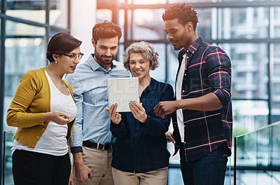 Buy stock photo Woman, tablet and group in discussion at startup for reading, proposal or brainstorming for problem solving. Business people, team and digital touchscreen in scrum, meeting or idea at creative agency