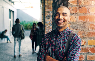 Buy stock photo Portrait, student and man with arms crossed, smile and learning for scholarship with confidence. Face, happy person and guy with education, university and knowledge with college, success and pride