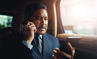 Buy stock photo Phone call, tablet and business man in car for conversation, discussion and online chat. Traffic, passenger and mature person in vehicle on smartphone for transport, journey and driving in city